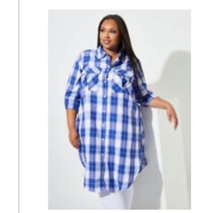 Ashley Stewart Plaid cotton blend poplin shirt